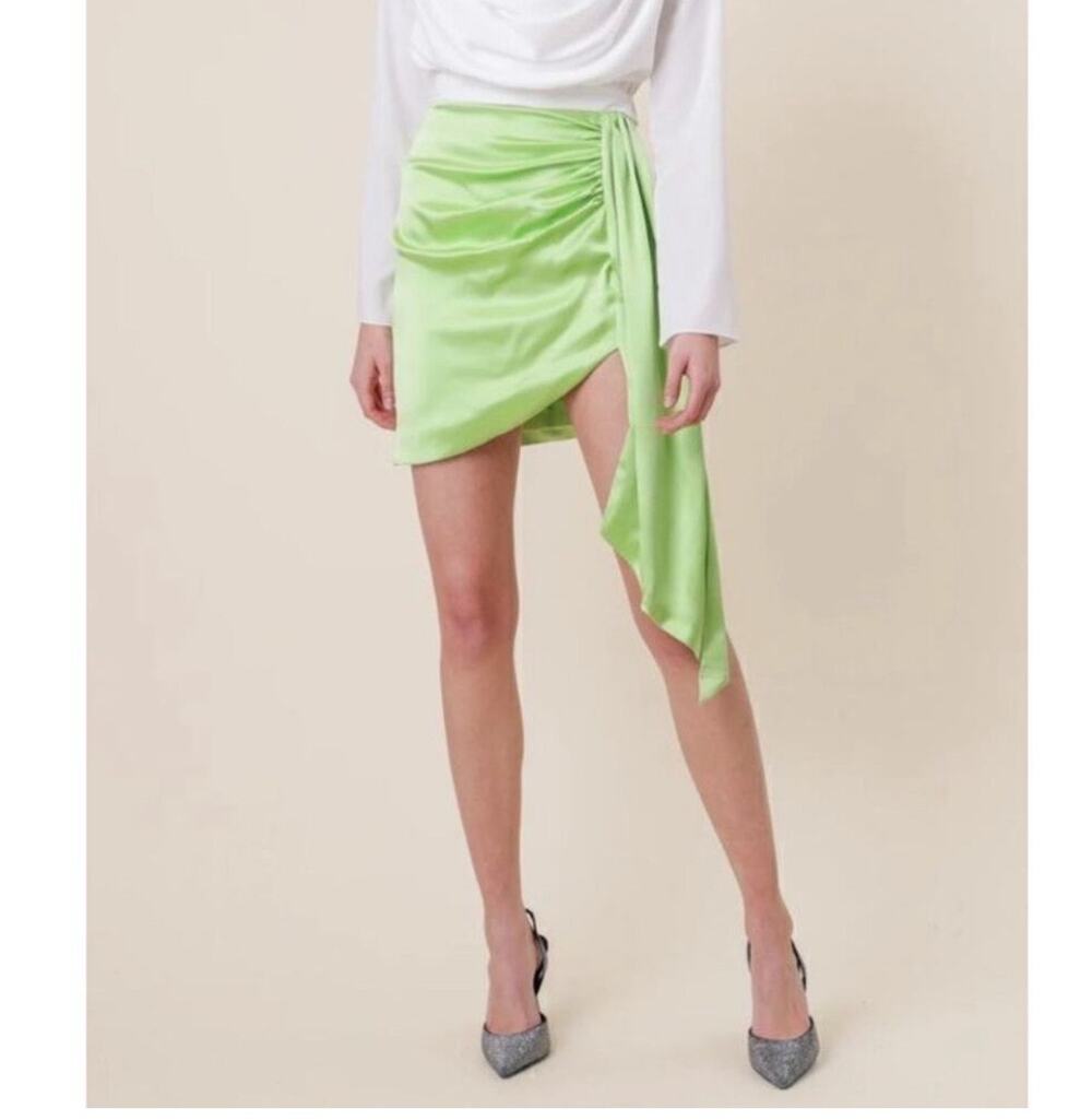 LINE & DOT Skirt SZ Extra Small Asymmetrical Cascade Lizzy Lime Mini Satin NWT